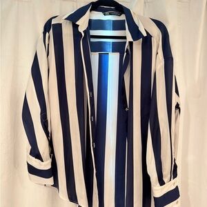 Zara Women's Navy and White Striped Button Down Shirt